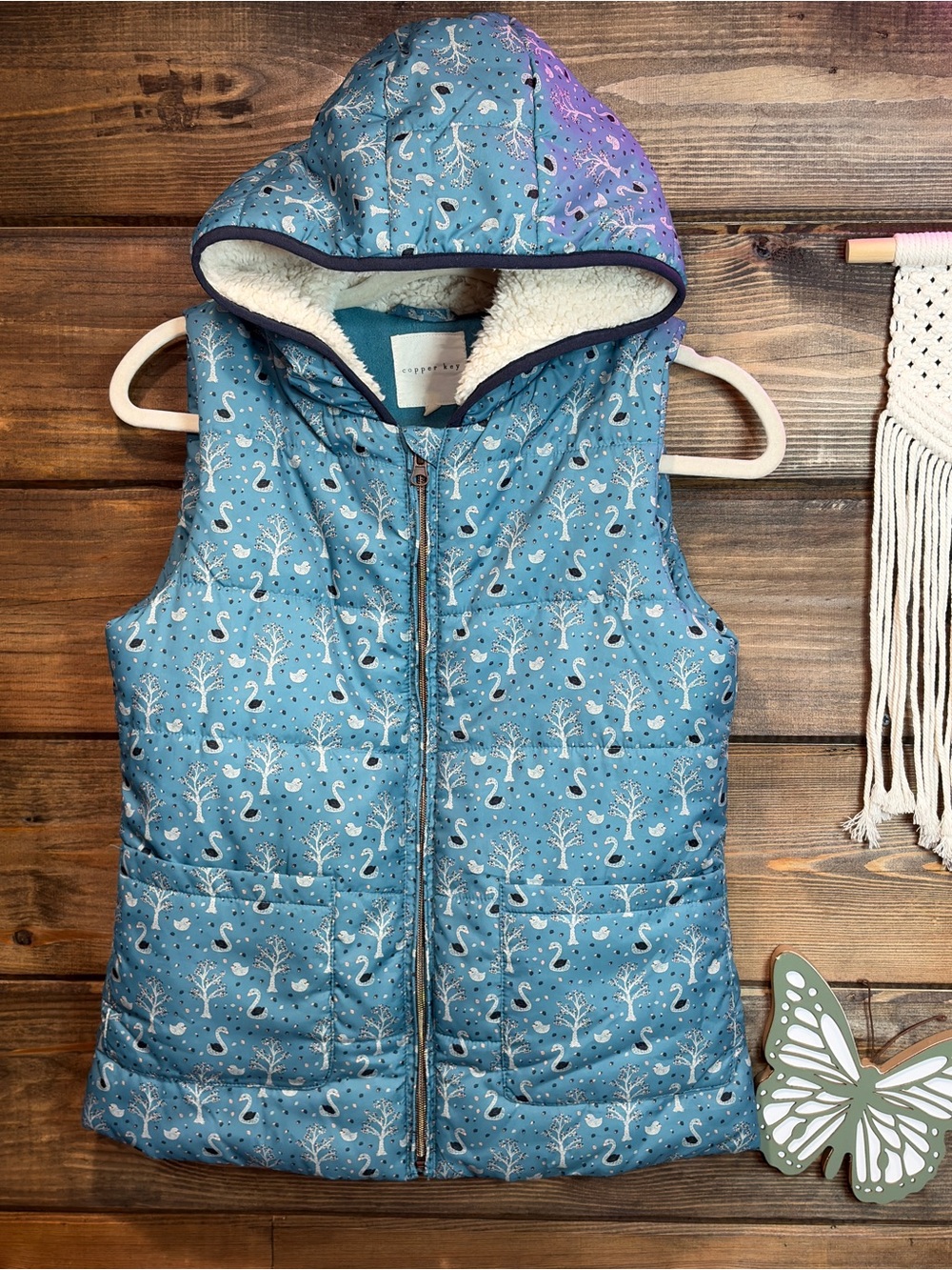 Copper Key Girls Sherpa Lined Hooded Puffer Vest Blue Swan Winter print cottage